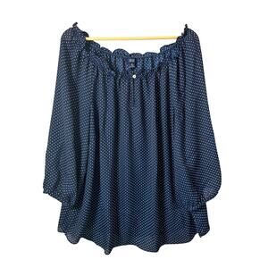 Chaps Top Polka Dot Off Shoulder Navy Blue Plus Sz Lightweight Ruffle Preppy 2X